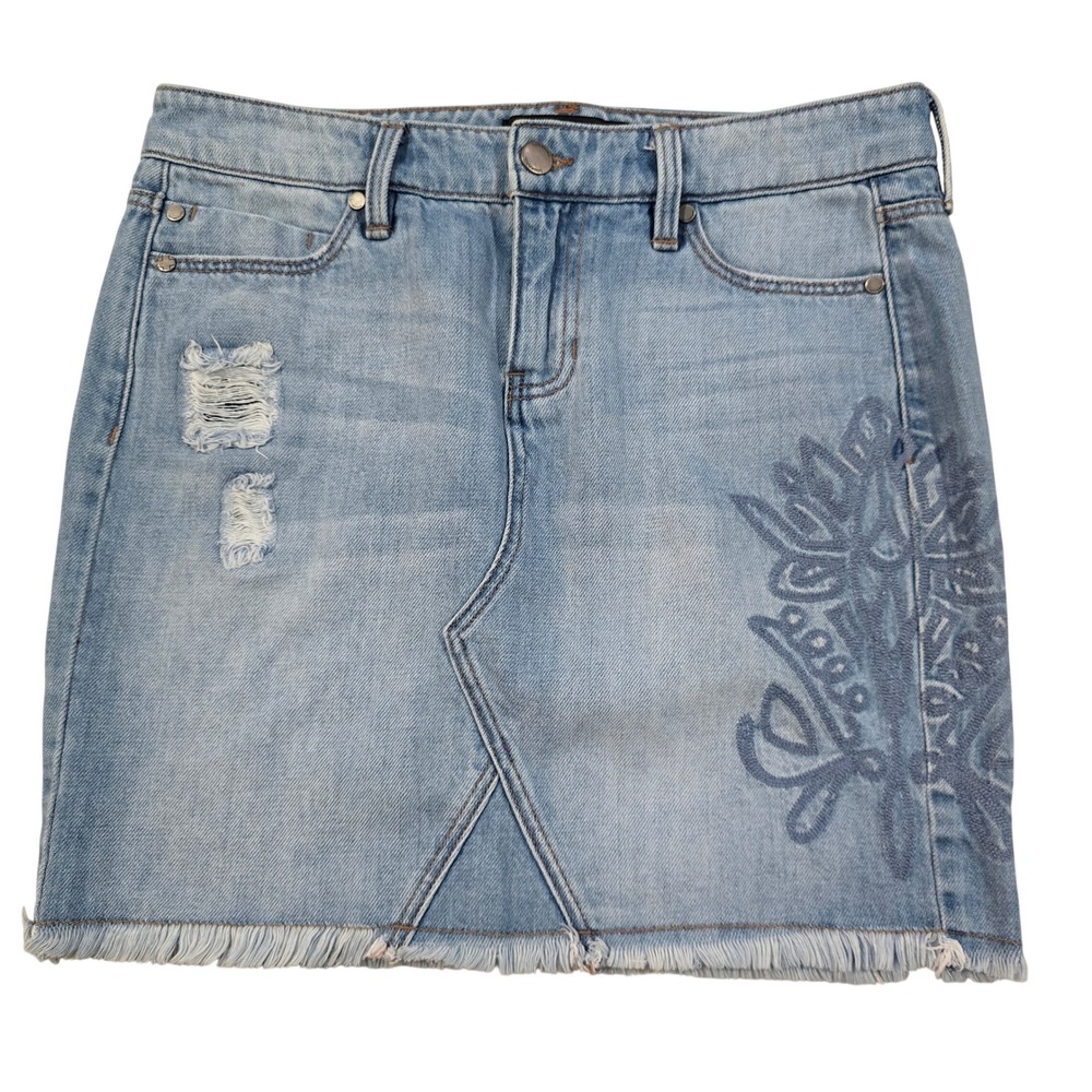 Liverpool Womens Chester Mended Embroidered Denim Mini Skirt Light Wash Size 2